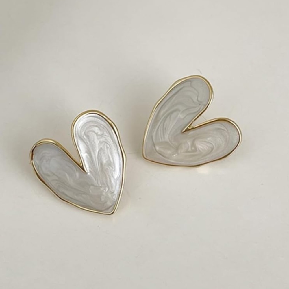 Fashion Jewelry Heart Earrings - Gold and White